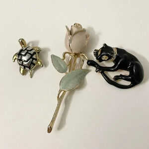 Lot of 3 Vintage Brooches Black Panther Cat Turtle  Rose Flower Brooch